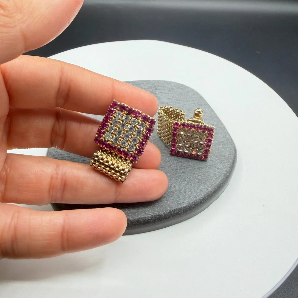 Gold Tone Pink Clear Rhinestone Square Wraparound Mesh Cufflinks Formal Jewelry